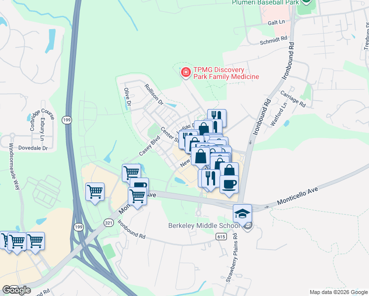 map of restaurants, bars, coffee shops, grocery stores, and more near 5211 Center Street in Williamsburg