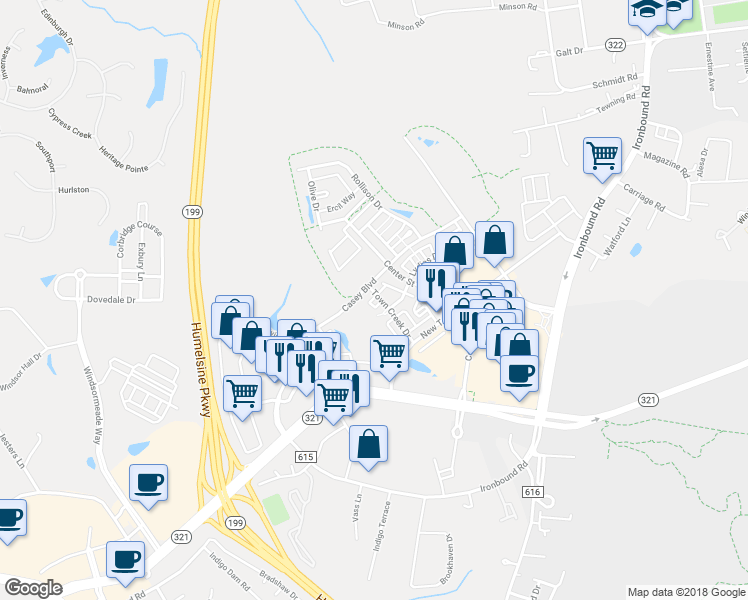 map of restaurants, bars, coffee shops, grocery stores, and more near 4645 Town Creek Drive in Williamsburg