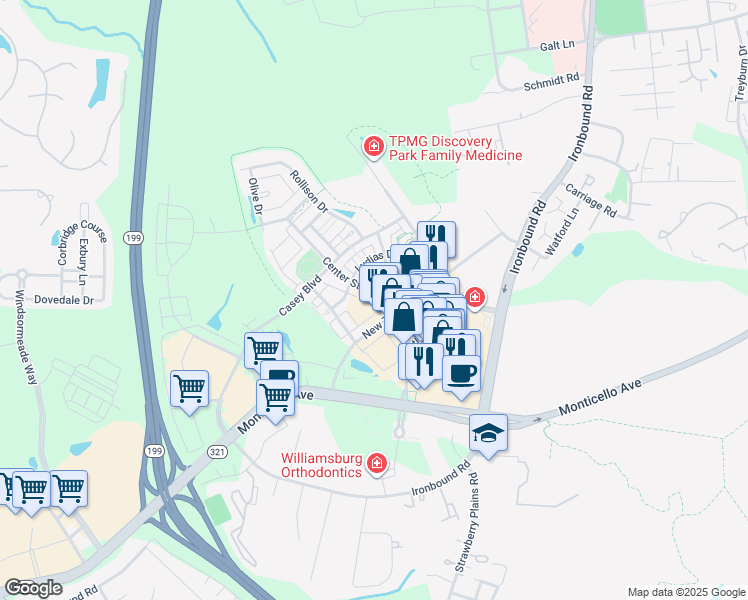 map of restaurants, bars, coffee shops, grocery stores, and more near 5215 Center Street in Williamsburg