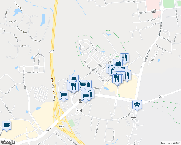 map of restaurants, bars, coffee shops, grocery stores, and more near Casey Boulevard in Williamsburg