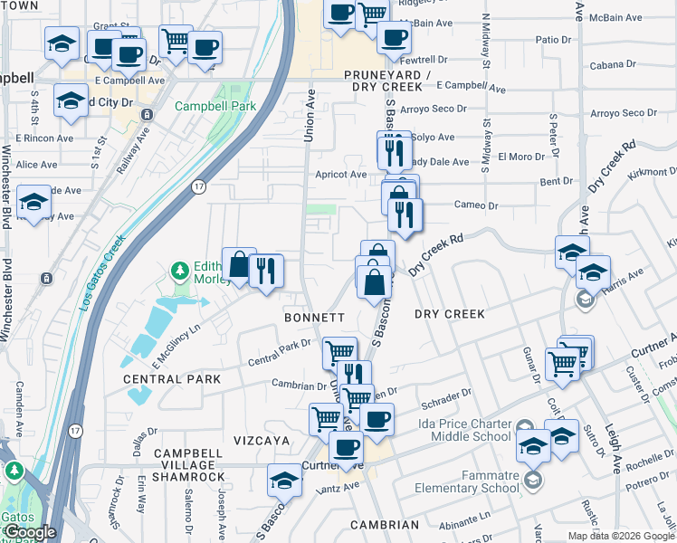 map of restaurants, bars, coffee shops, grocery stores, and more near 844 Rue Montagne in Campbell