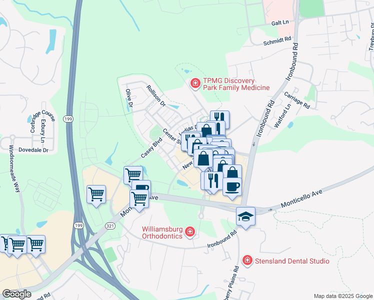 map of restaurants, bars, coffee shops, grocery stores, and more near 5215 Center Street in Williamsburg