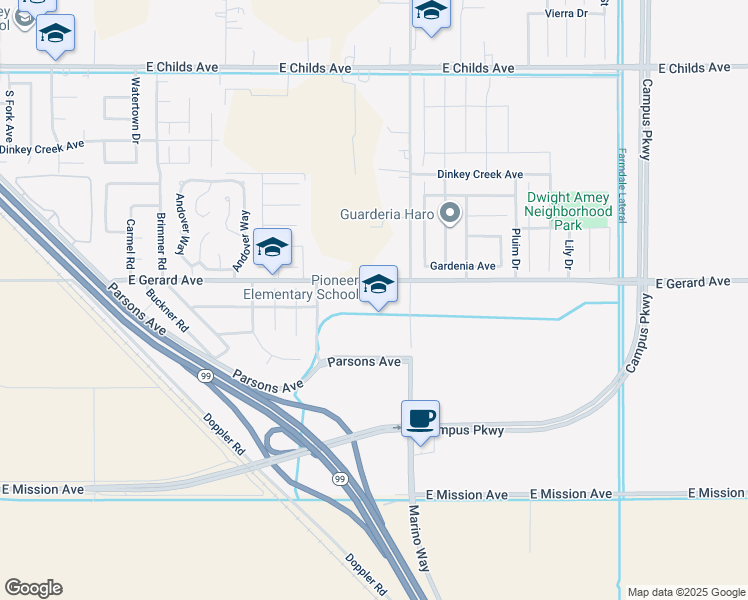 map of restaurants, bars, coffee shops, grocery stores, and more near 2950 East Gerard Avenue in Merced