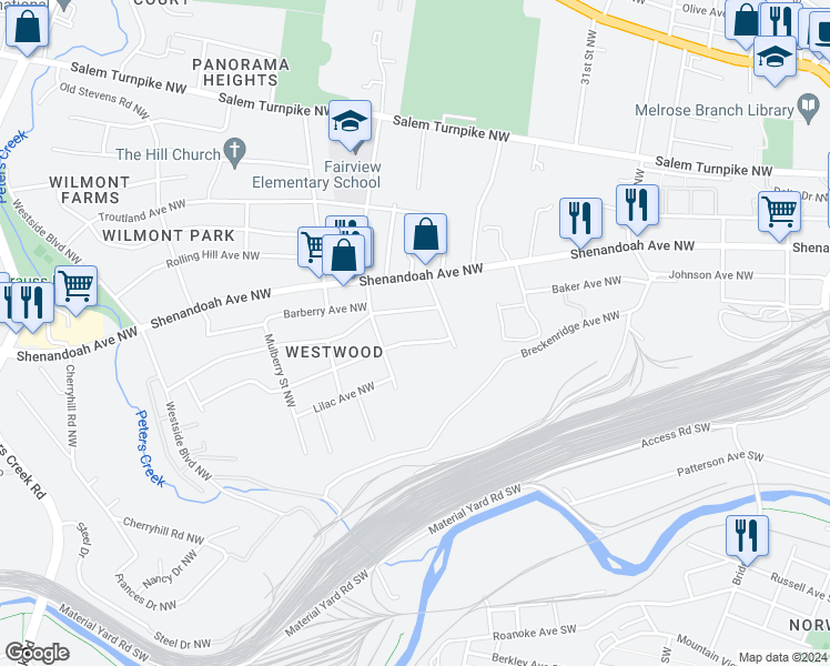 map of restaurants, bars, coffee shops, grocery stores, and more near 3431 Norway Avenue Northwest in Roanoke