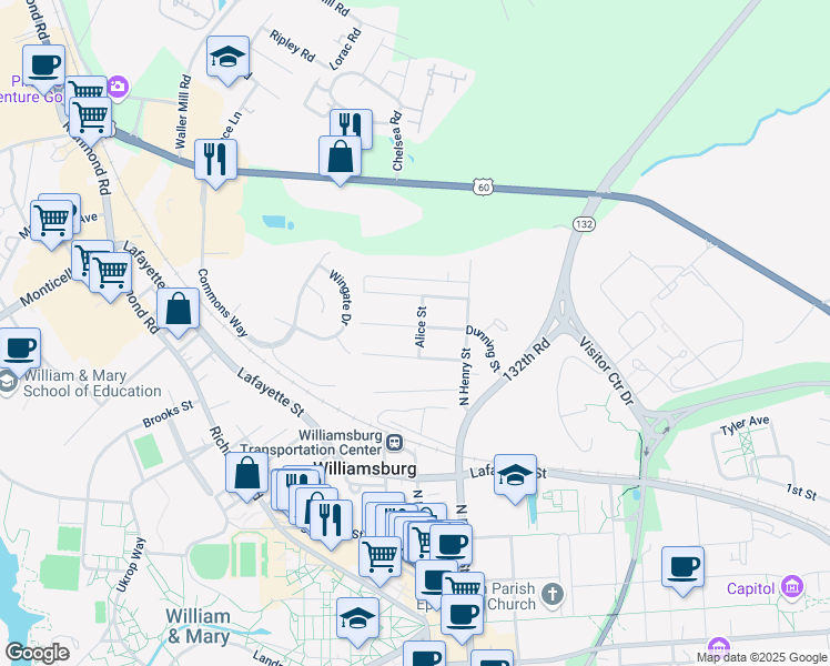 map of restaurants, bars, coffee shops, grocery stores, and more near 504 Dunning Street in Williamsburg