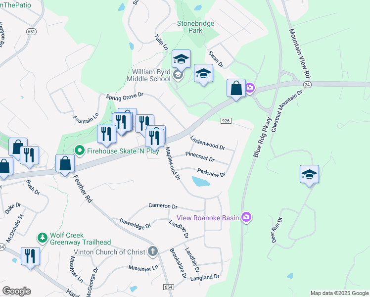 map of restaurants, bars, coffee shops, grocery stores, and more near 2534 Pinecrest Drive in Vinton