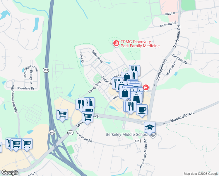 map of restaurants, bars, coffee shops, grocery stores, and more near 4306 Lydias Drive in Williamsburg