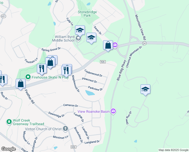 map of restaurants, bars, coffee shops, grocery stores, and more near 2629 Lindenwood Drive in Vinton