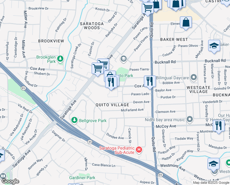 map of restaurants, bars, coffee shops, grocery stores, and more near 11125 Maple Place in Saratoga