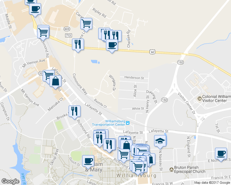 map of restaurants, bars, coffee shops, grocery stores, and more near 202 Wingate Drive in Williamsburg