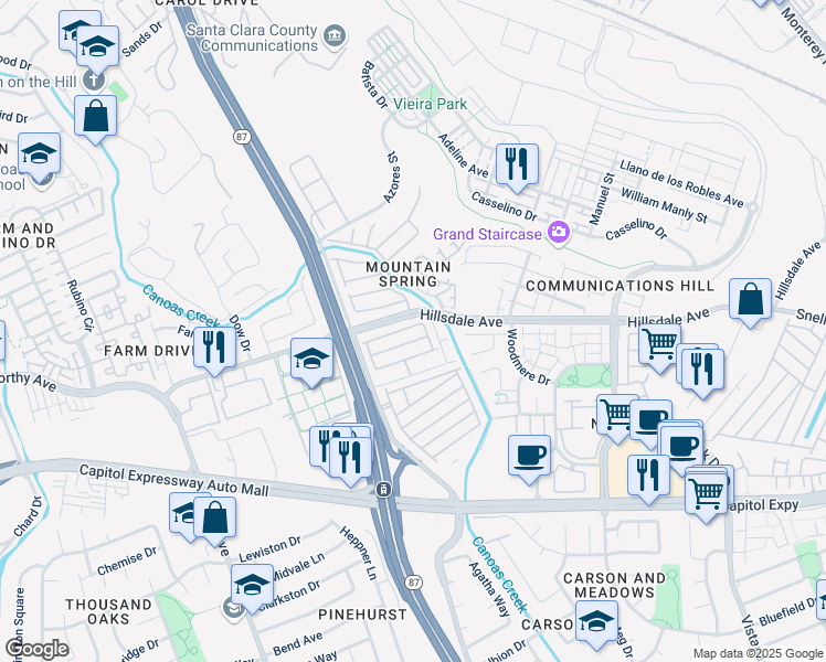 map of restaurants, bars, coffee shops, grocery stores, and more near 561 Mountain Home Drive in San Jose