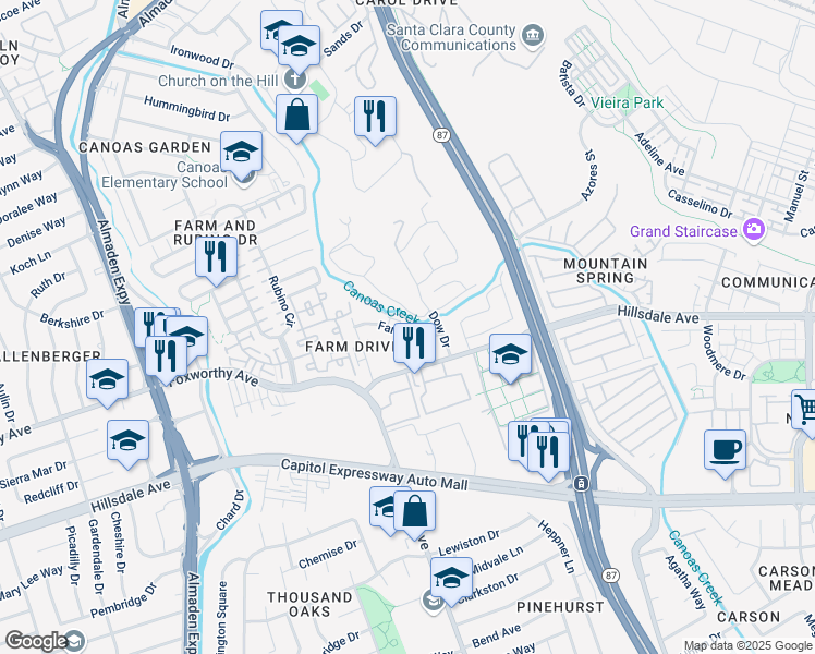 map of restaurants, bars, coffee shops, grocery stores, and more near 3125 Dakan Court in San Jose