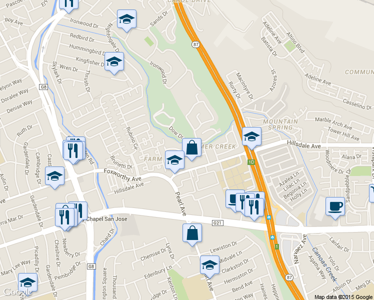 map of restaurants, bars, coffee shops, grocery stores, and more near 3125 Dakan Court in San Jose