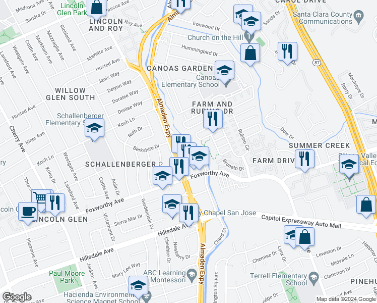 map of restaurants, bars, coffee shops, grocery stores, and more near 2905 Old Almaden Road in San Jose
