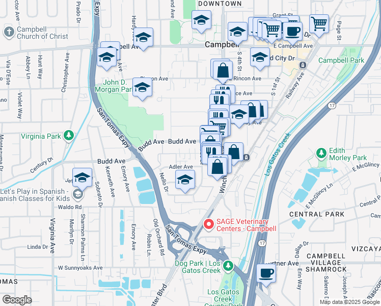 map of restaurants, bars, coffee shops, grocery stores, and more near 174 Wilton Drive in Campbell