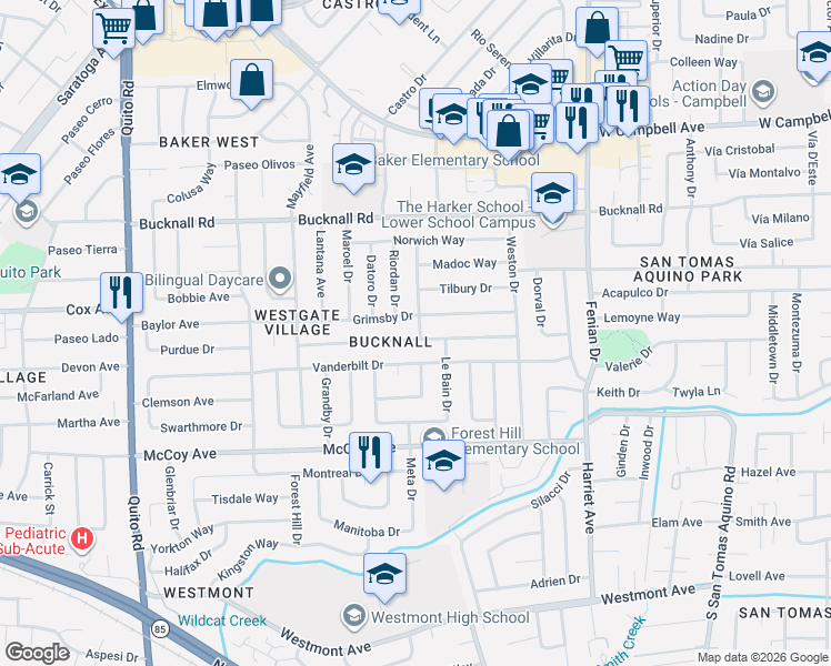 map of restaurants, bars, coffee shops, grocery stores, and more near 4644 Alex Drive in San Jose