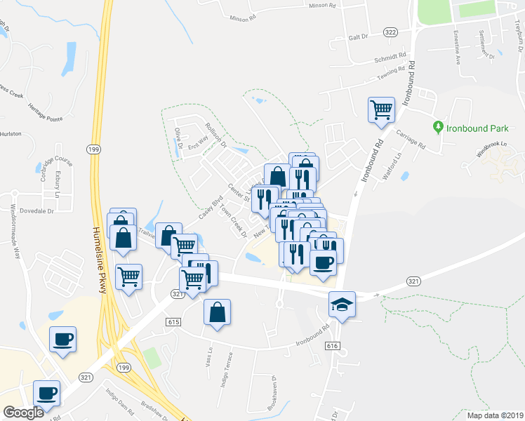 map of restaurants, bars, coffee shops, grocery stores, and more near 5211 Center Street in Williamsburg