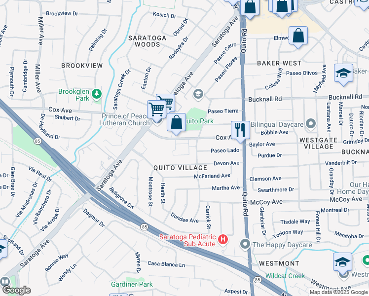 map of restaurants, bars, coffee shops, grocery stores, and more near 11125 Maple Place in Saratoga