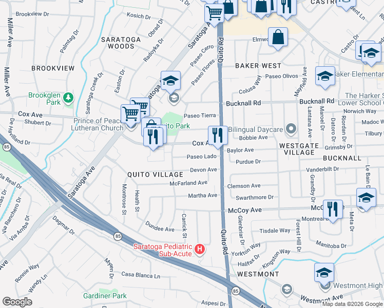 map of restaurants, bars, coffee shops, grocery stores, and more near 18645 Paseo Lado in Saratoga