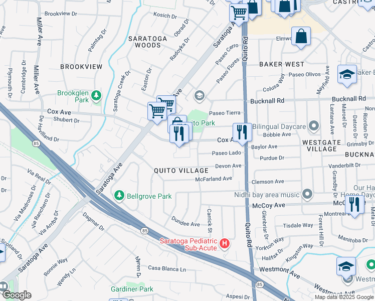 map of restaurants, bars, coffee shops, grocery stores, and more near 11145 Maple Place in Saratoga