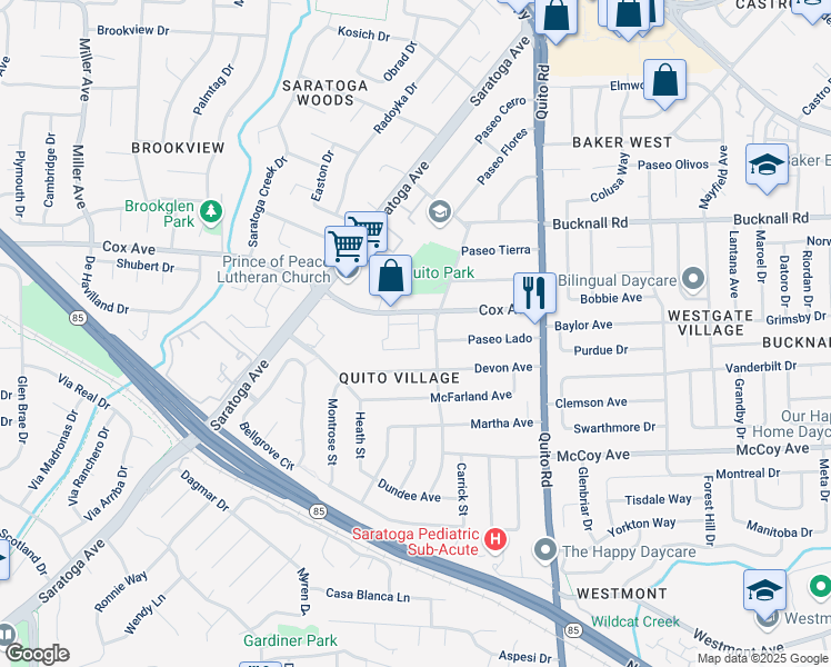 map of restaurants, bars, coffee shops, grocery stores, and more near 11155 Maple Place in Saratoga