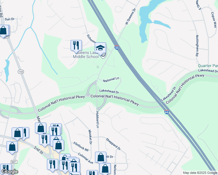 map of restaurants, bars, coffee shops, grocery stores, and more near 105 Lakeshead Drive in Williamsburg