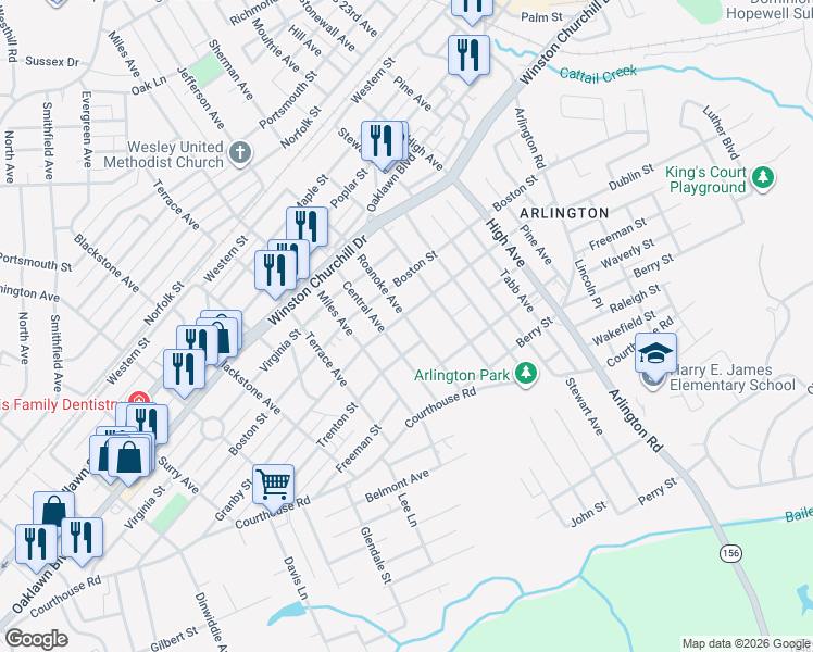 map of restaurants, bars, coffee shops, grocery stores, and more near 1302 Roanoke Avenue in Hopewell