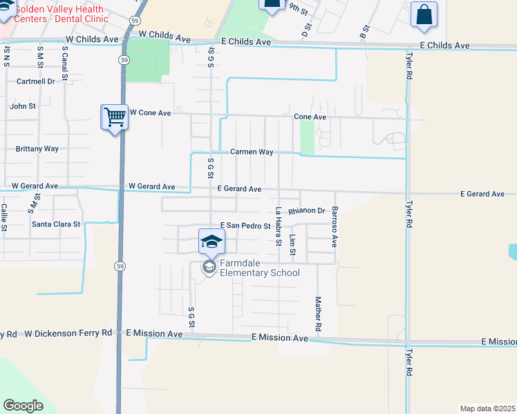 map of restaurants, bars, coffee shops, grocery stores, and more near 189 East San Clemente Court in Merced