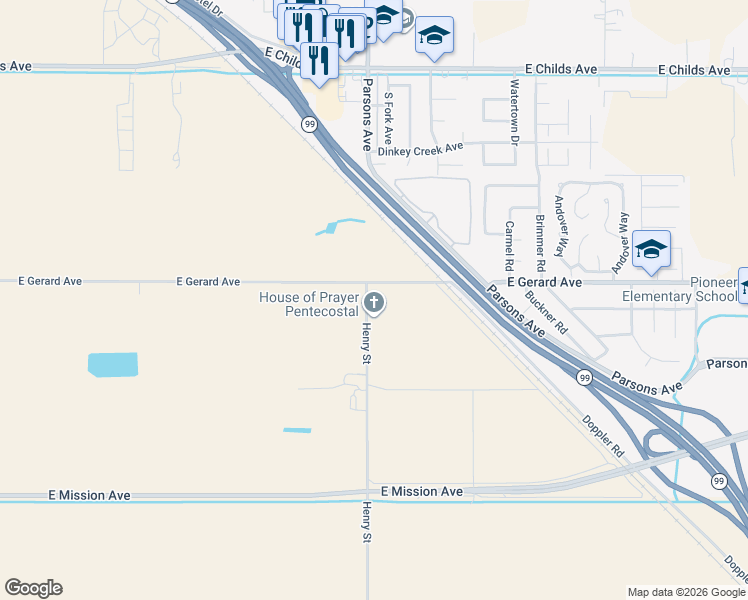 map of restaurants, bars, coffee shops, grocery stores, and more near 590 Henry Street in Merced