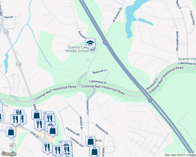 map of restaurants, bars, coffee shops, grocery stores, and more near 105 Lakeshead Drive in Williamsburg