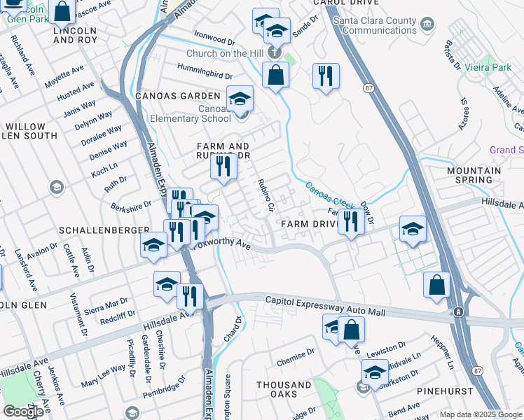 map of restaurants, bars, coffee shops, grocery stores, and more near 3095 Rubino Circle in San Jose