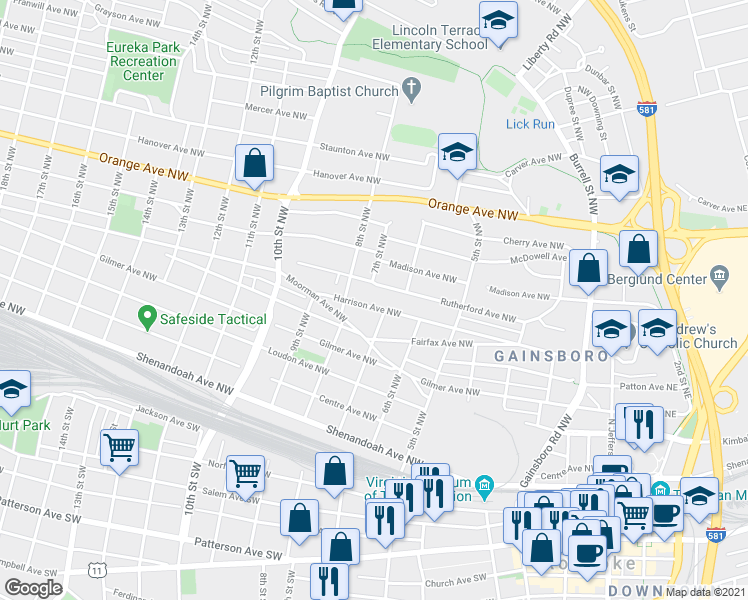 map of restaurants, bars, coffee shops, grocery stores, and more near 711 Harrison Avenue Northwest in Roanoke