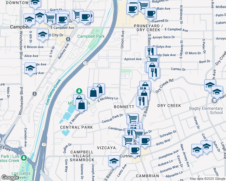 map of restaurants, bars, coffee shops, grocery stores, and more near 740 West Valley Drive in Campbell