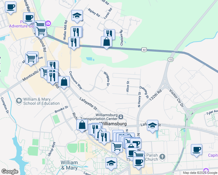 map of restaurants, bars, coffee shops, grocery stores, and more near 202 Wingate Drive in Williamsburg