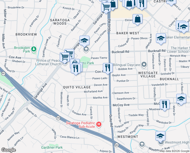 map of restaurants, bars, coffee shops, grocery stores, and more near 18645 Paseo Lado in Saratoga