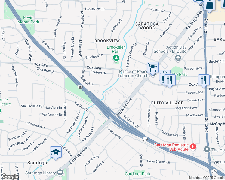 map of restaurants, bars, coffee shops, grocery stores, and more near 19549 Vineyard Lane in Saratoga