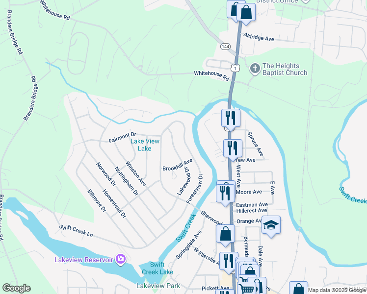 map of restaurants, bars, coffee shops, grocery stores, and more near 1005 Lakewood Drive in Colonial Heights