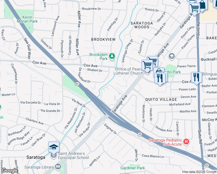 map of restaurants, bars, coffee shops, grocery stores, and more near 19549 Vineyard Lane in Saratoga