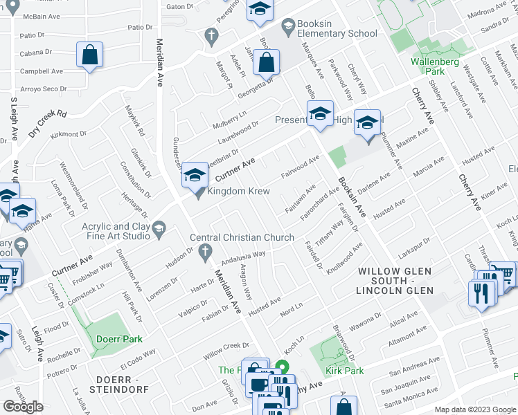 map of restaurants, bars, coffee shops, grocery stores, and more near 2470 La Mirada Drive in San Jose