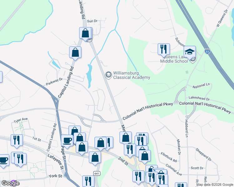 map of restaurants, bars, coffee shops, grocery stores, and more near 327 Merrimac Trail in Williamsburg