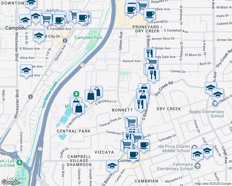 map of restaurants, bars, coffee shops, grocery stores, and more near 549 Union Avenue in Campbell