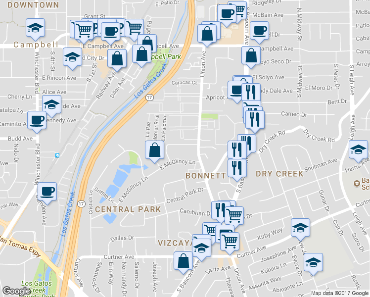 map of restaurants, bars, coffee shops, grocery stores, and more near 549 Union Avenue in Campbell