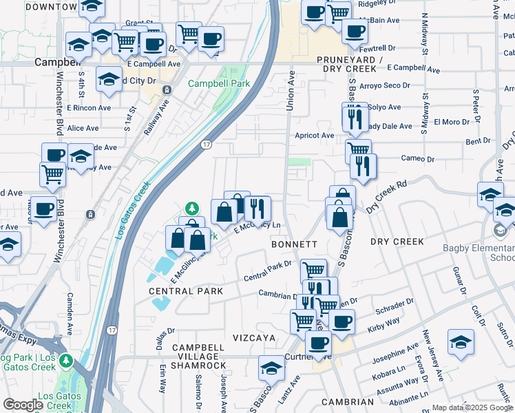 map of restaurants, bars, coffee shops, grocery stores, and more near 715 East McGlincy Lane in Campbell