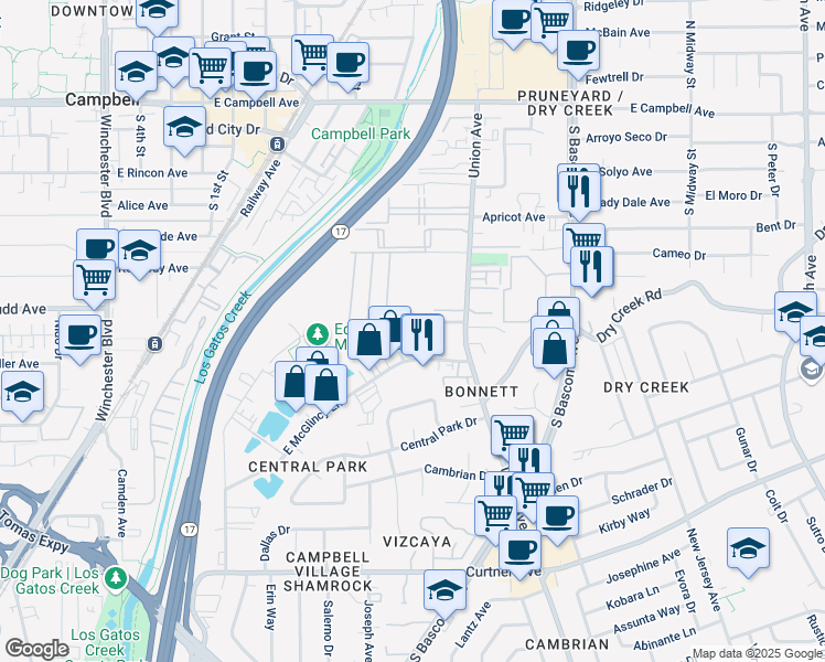map of restaurants, bars, coffee shops, grocery stores, and more near 715 East McGlincy Lane in Campbell