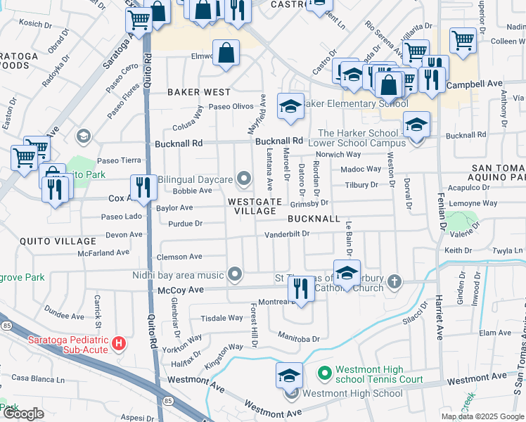map of restaurants, bars, coffee shops, grocery stores, and more near in Santa Clara County