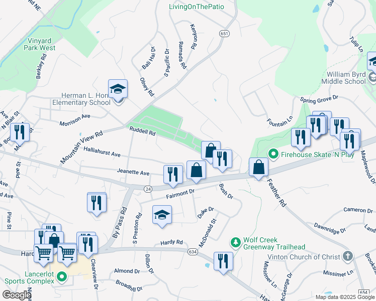 map of restaurants, bars, coffee shops, grocery stores, and more near 1239-1241 Ruddell Road in Vinton