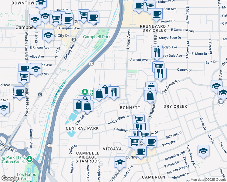 map of restaurants, bars, coffee shops, grocery stores, and more near 720 West Valley Drive in Campbell