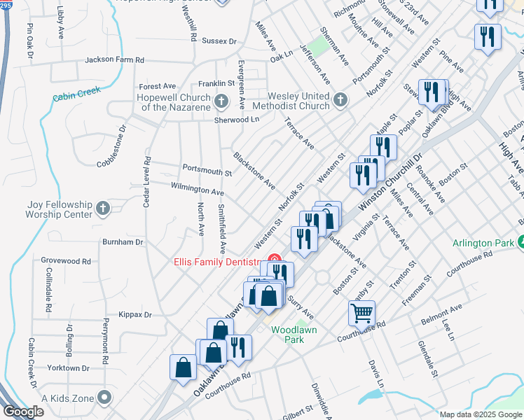 map of restaurants, bars, coffee shops, grocery stores, and more near 3400 Clay Street in Hopewell