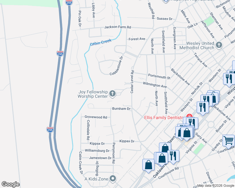 map of restaurants, bars, coffee shops, grocery stores, and more near 1001 Perrymont Road in Hopewell