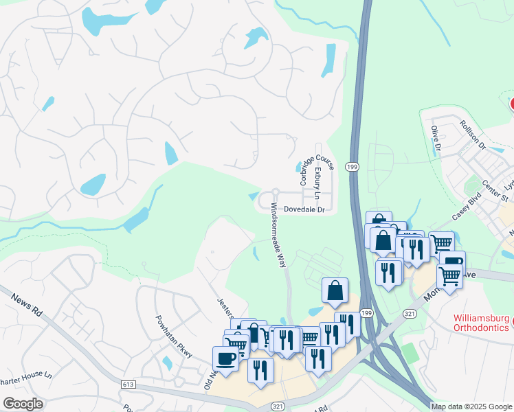 map of restaurants, bars, coffee shops, grocery stores, and more near 4615 Castleside Circle in Williamsburg